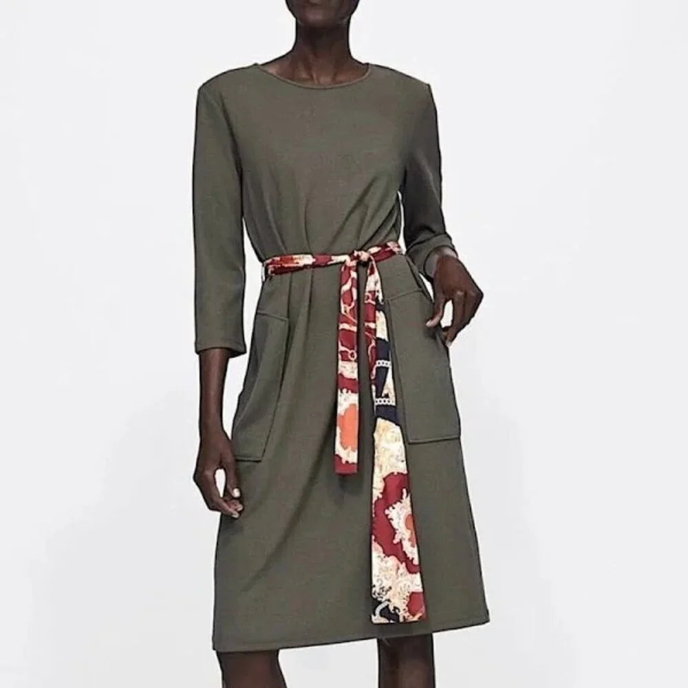 Zara Olive Green Midi Dress with Satin Scarf Belt - Size S - Picture 2 of 16